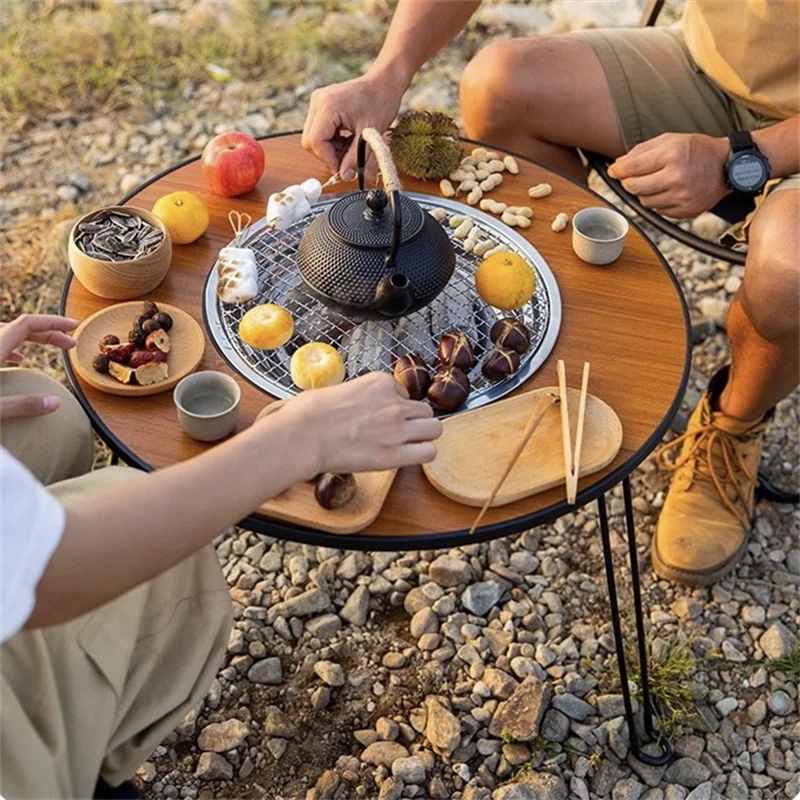 Folding Barbecue Round Table Wood color Stove Portable Camping BBQ Charcoal Grill With Storage Bag Patio Tea Boiling