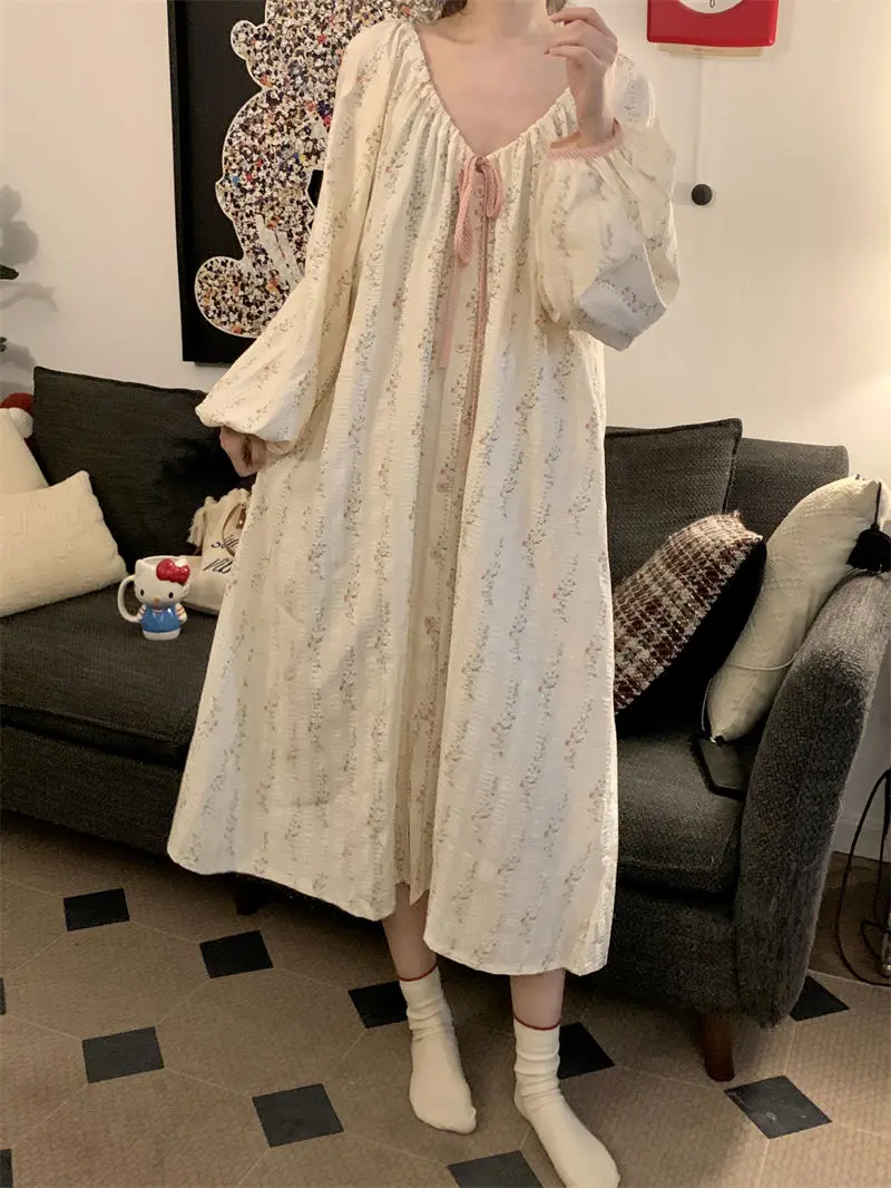 

Nightgown for Women's Spring Autumn Long Sleeves Mid-length V-neck Korean Style Floral Loose Pajamas Home Clothes Sleeping Woman
