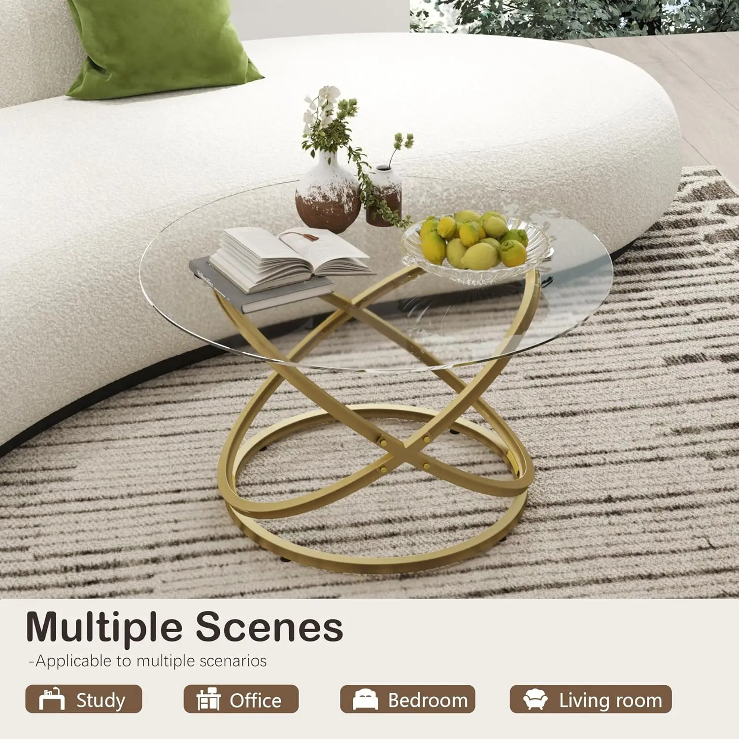 

31" Glass Coffee Table, Modern End Table with Ring Gold Metal Frame, Round Glass Coffee Table for Decoration, Small Gold Coffee