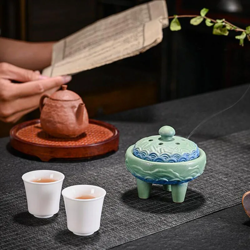 Porcelain Relief Mountains Rivers and Waves Grain Aroma Burner Tripod Smoking Sandalwood Incense Holder Censer Home Decoration