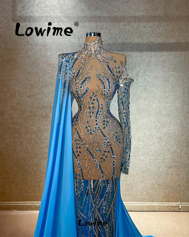 Lowime Two Designs Blue Cape Sleeves Evening Dresses 2024 Robe De Soiree See Through Long Prom Dress Crystal Aso Ebi Party Gowns