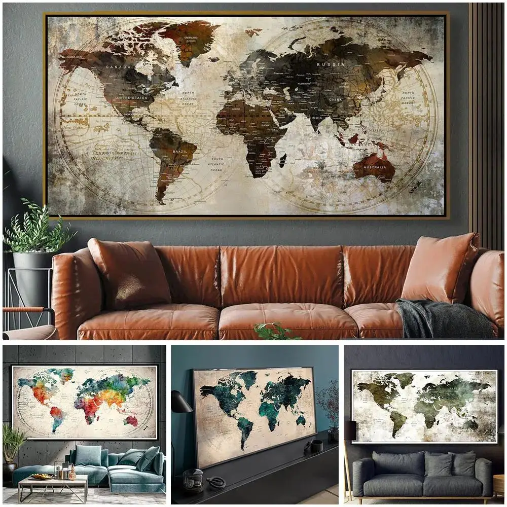 Mapa del mundo moderno, lienzo artístico, póster decorativo para sala de estar, paredes del dormitorio, regalo de inauguración de la casa elegante