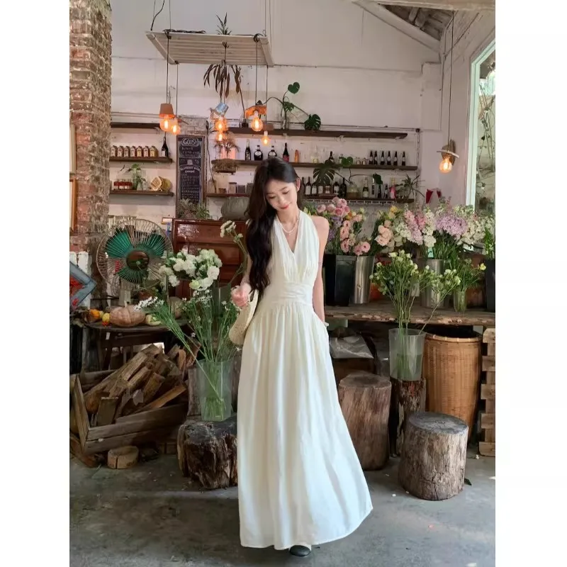 

White Halter Slip Dress for Women, New Summer 2026 Elegant Long Dress for Seaside Vacation