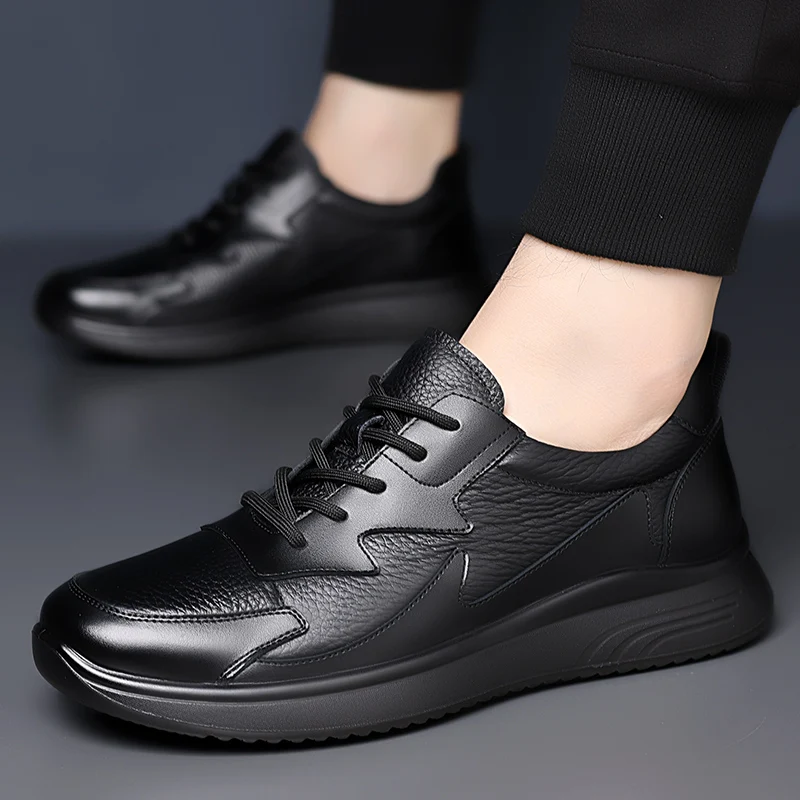 

Мужские повседневные кроссовки, удобные кожаные туфли-оксфорды на толстой подошве, черные, нескользящие, простые, удобные, в стиле борд-шуз.