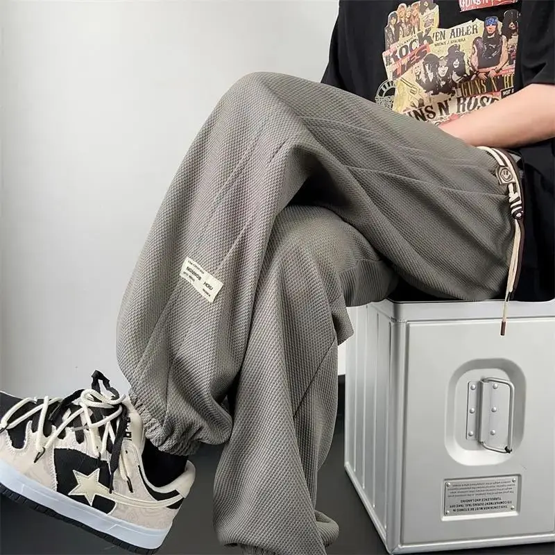 

Waffle Ties Trousers Men's Spring Autumn Loose Trendy Street Handsome Retro American Drawstring Sports Casual