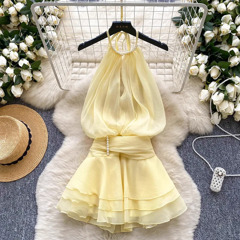 

Pure Desire Neck Bead Suspender Dress Muse Fan Temperament Commuting Waist Ruffled Edge Chiffon Short Skirt Fairy Vacation Skirt