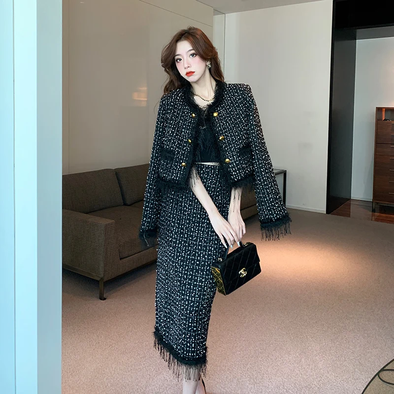 Autumn and Winter New French Style Women's Suit Jacket Skirt Design Tassel Office Lady Short Suit Top Long Skirt Tow-piece Set