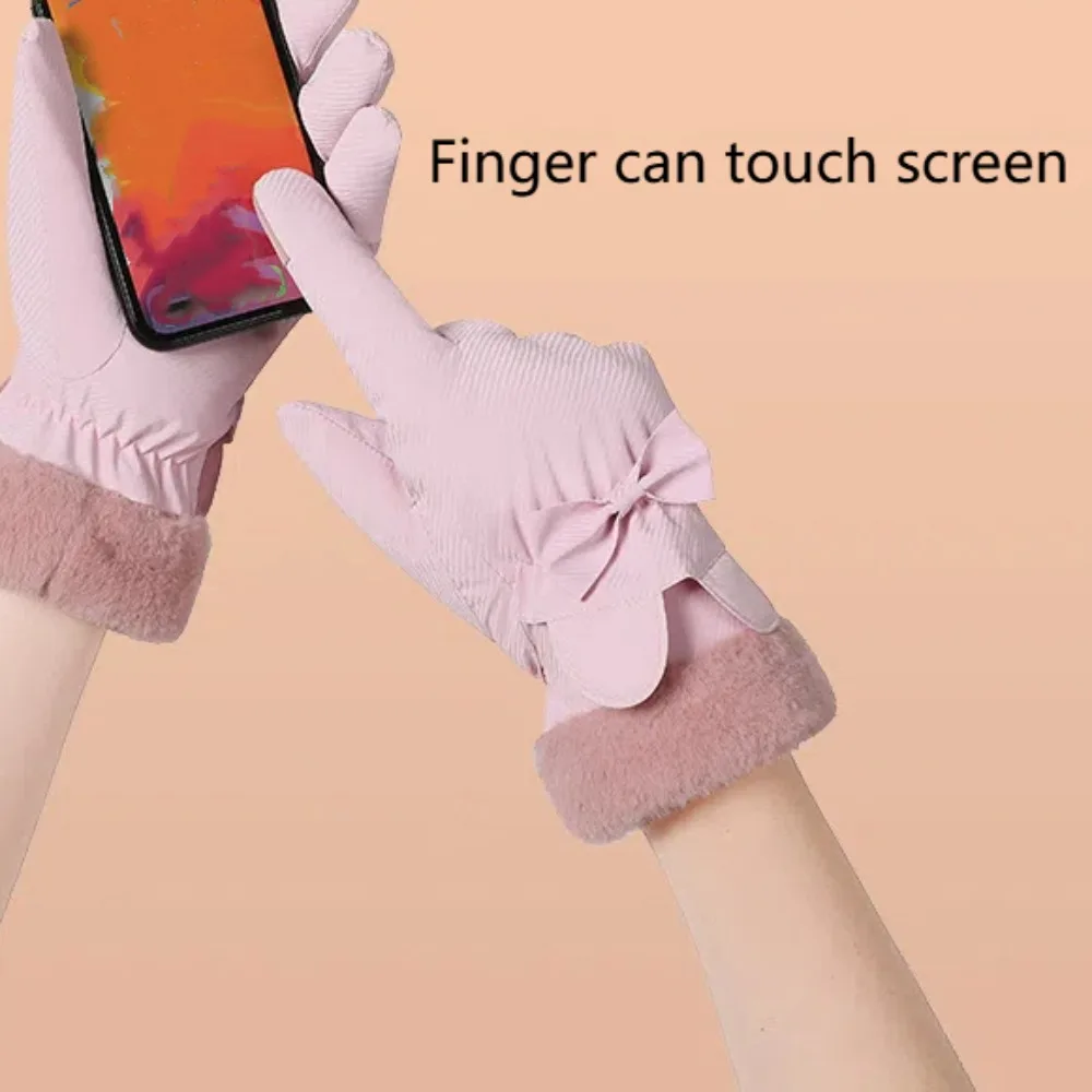 Cute Down Cotton Bow Anti-cold Mittens Touch Screen Soft Ears Finger Mittens Waterproof Swen Thickened Gloves Winter