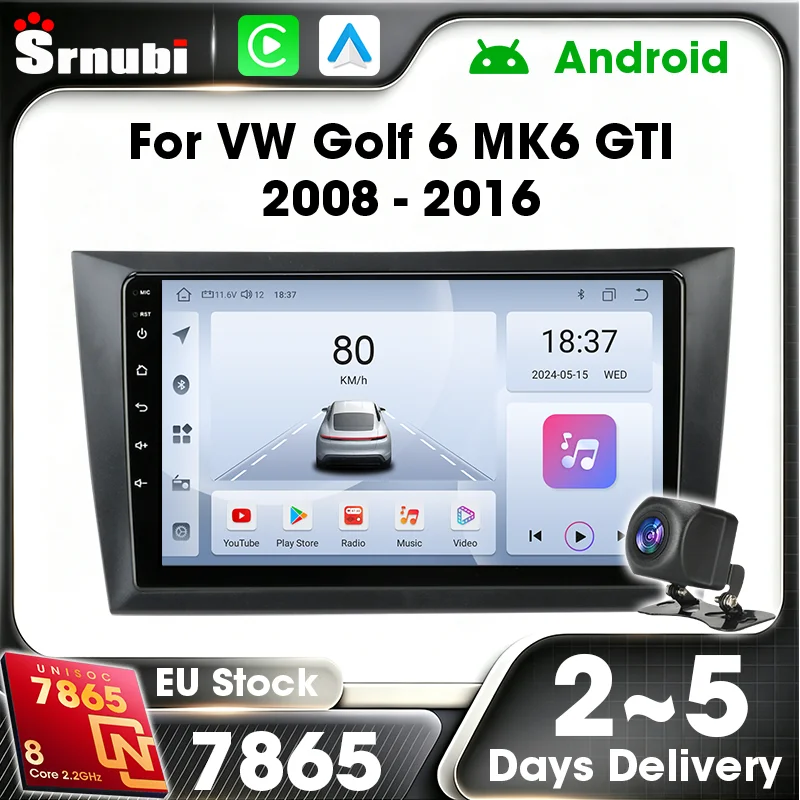 Srnubi GPS Navigation Carplay Android Auto pour Volkswagen VW Golf 6 MK6 GTI 2008-2016 Autoradio Lecteur Multimédia Écran Tactile Unité Centrale 2 Din Stéréo UIS7865 8-Cœurs 4G WIFI Bluetooth 5.4 DSP Audio Ventilateur de Refroidissement Intégré Caméra de Recul EQ