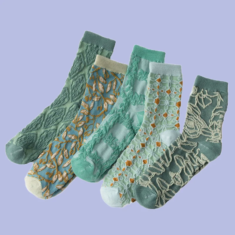 Calcetines de tubo medio Retro para mujer, medias finas absorbentes del sudor, tendencia Retro en relieve, combinan con todo, color verde, 5/10 pares