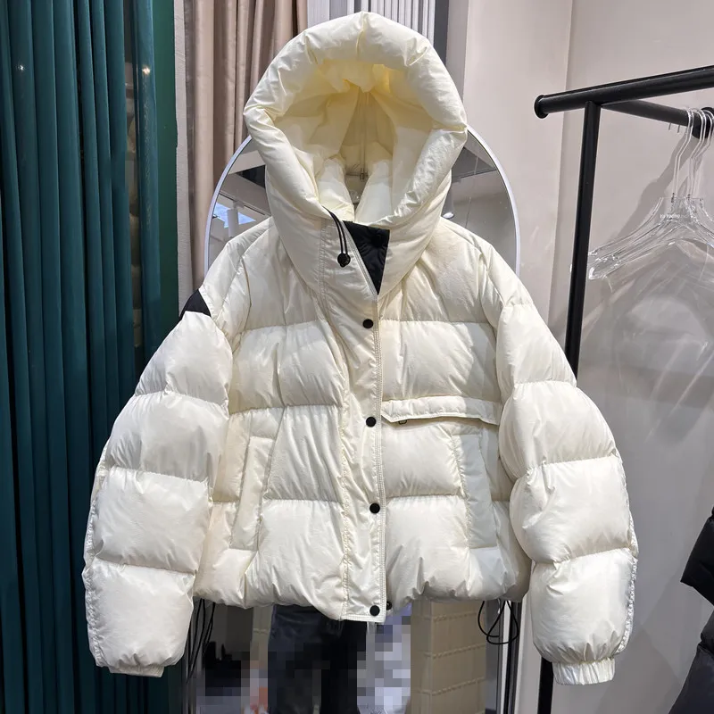 Winter Big Pocket Solid Hooded Quilted Jacket Women 90 White Duck Down Parker Outwear Coat Female Loose Warm Short Down Jacket