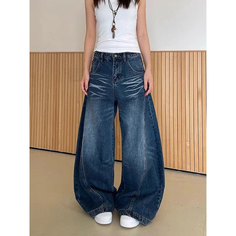 

Американские винтажные широкие джинсы с высокой талией, женские повседневные брюки High Street Y2k 2000-х годов, женские потертые синие свободные джинсовые брюки