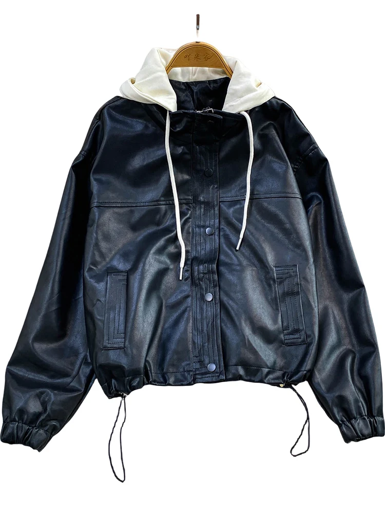 Abrigo de mujer Jaet de cuero PU con efecto adelgazante, informal, con capucha, diseño de cintura alta, ropa de abrigo larga de invierno