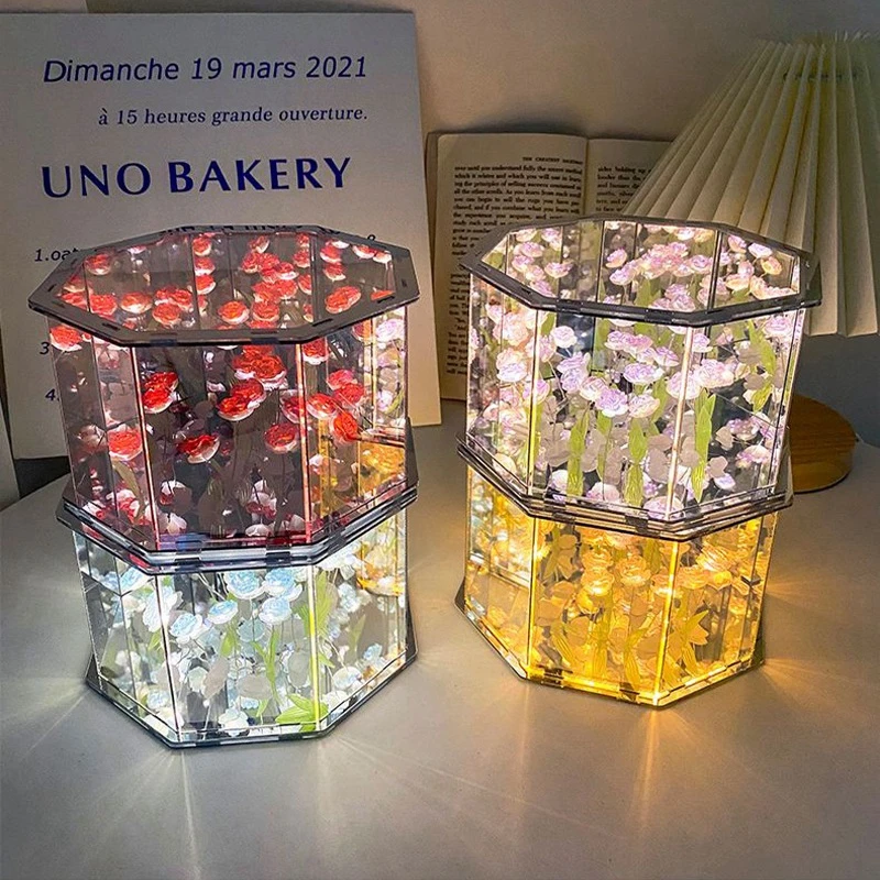 لتقوم بها بنفسك توليب مرآة مكعب مصباح محاكاة ارتفع ليلة ضوء غرفة نوم الجدول مصباح Led أضواء الزخرفية عيد ميلاد هدية الكريسماس نومليك #2