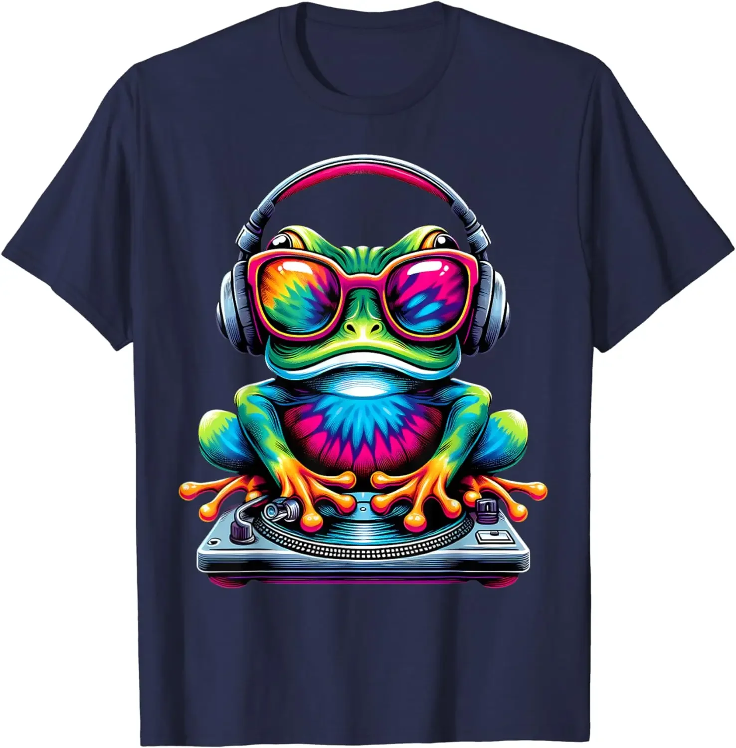 Tie-Dye Cool DJ Frog Peace Sign Hippie Frog with Headphones T-Shirt Graphic T Shirts Lightweight Short Sleeve Unisex