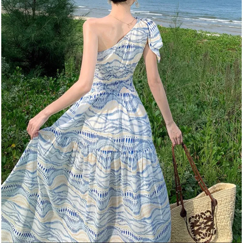 Elegant One Shoulder Maxi Dress for Women Blue Wave Print Smocked Waist Tiered Beach Dress Sleeveless Perfect for Sanya Holiday