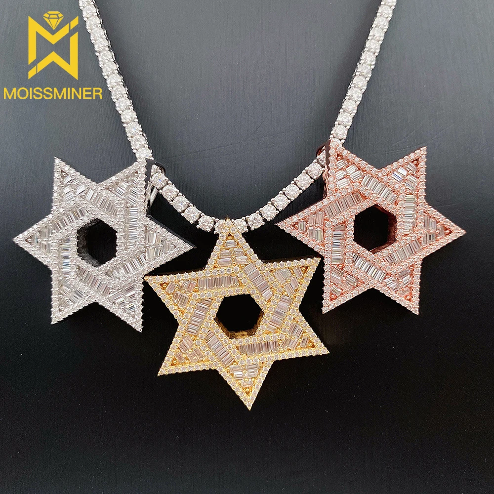 

Hexagram Moissanite Pendant Necklaces For Men S925 Silver Real Diamond Necklace Women Jewelry Pass Tester With GRA