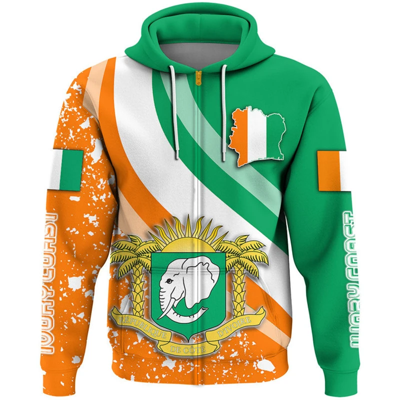 Vintage CI Flag Street Print Clothing Hip Hop Personality Ivory Coast National Graphic Fashion Zip Hoodies Pullovers Sweatshirts