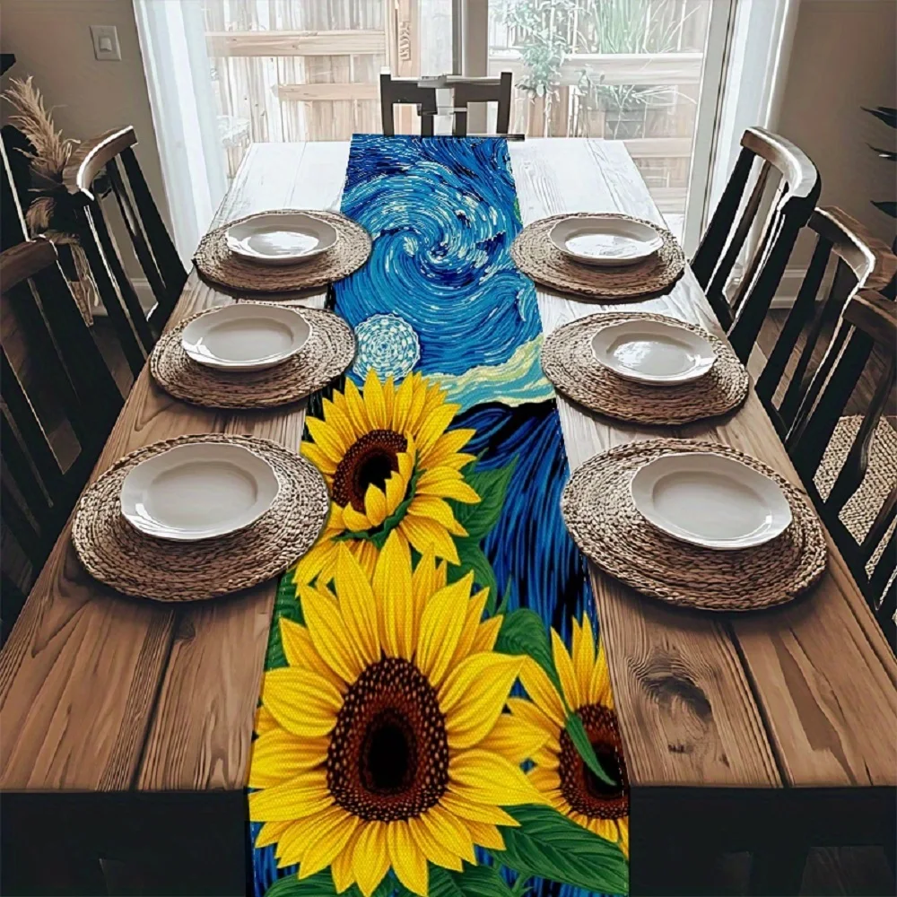 1 Piece of Van Gogh Starry Night and Sunflowers Table Runner, Suitable for Farmhouse, Indoor, Kitchen, Celebrations, Table Decoration, Restaurant and Banquet Decoration Supplies