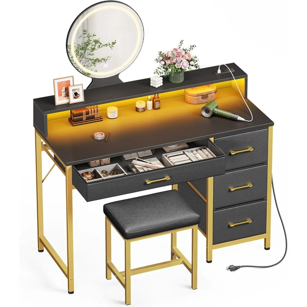 Vanity Desk, with 4 Fabric Drawers, Vanity Table and Chair Set, Makeup Table with 3 Adjustable Lighting Modes, Black Gold, Desk