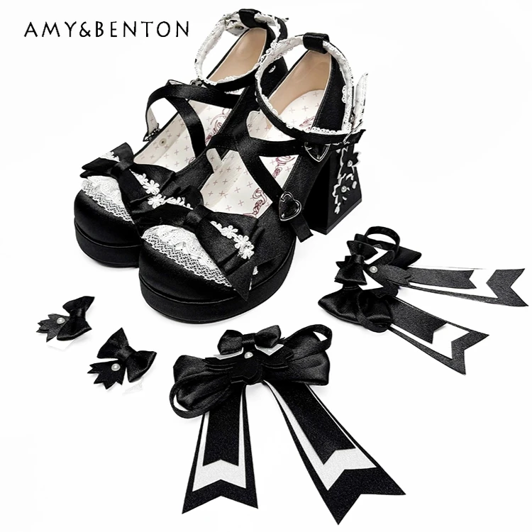 

Original Temperament Sweet Lolita Style High Heels Round Toe Flower Sweet Cute Japanese Thick Sole Shoes Princess Single Shoes