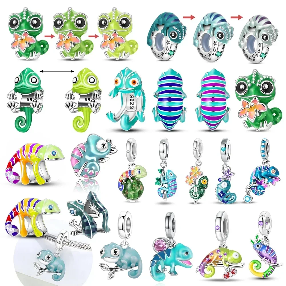 Color Changing Chameleon Flower Gem Dangle Silver Plated Beads Original Charms Fit Bracelets Bag Keychain Charms Diy Women Gift