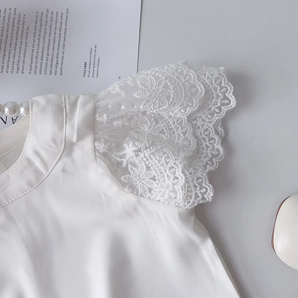 Summer New White Girls' Short Sleeved T-shirt Children's Lace Shirt Top Korean Version Fashion Basic Versatile 5