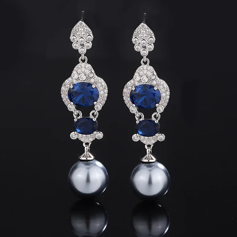 Luxurious Blue Sapphire White Gray Pearl Drop Earrings Perfect for Weddings Parties Elegant Occasions Sparkling Crystals Jewelry