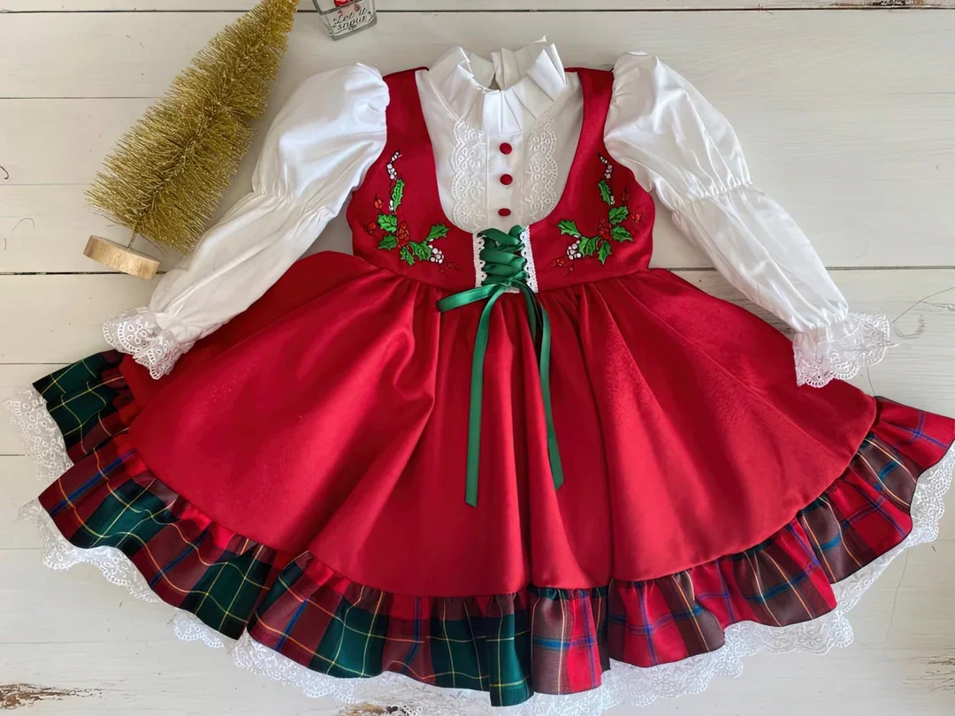 Autumn Baby Girl Sweet Vintage Lolita Princess Dress Green Bow Holly Embroidery for Christmas New Year Party Photography C386