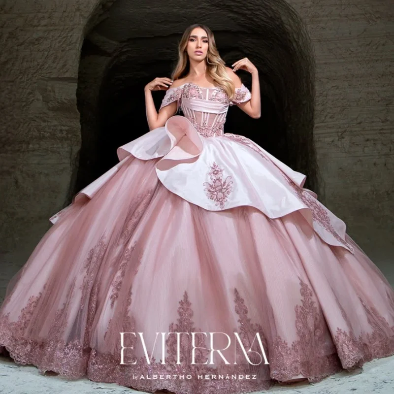 

Pink Princess Quinceanera Dresses Off Shoulder Applique Lace Beading Tull Corset Sweet 16 Dress Ball Gown Vestidos 15 De Anos