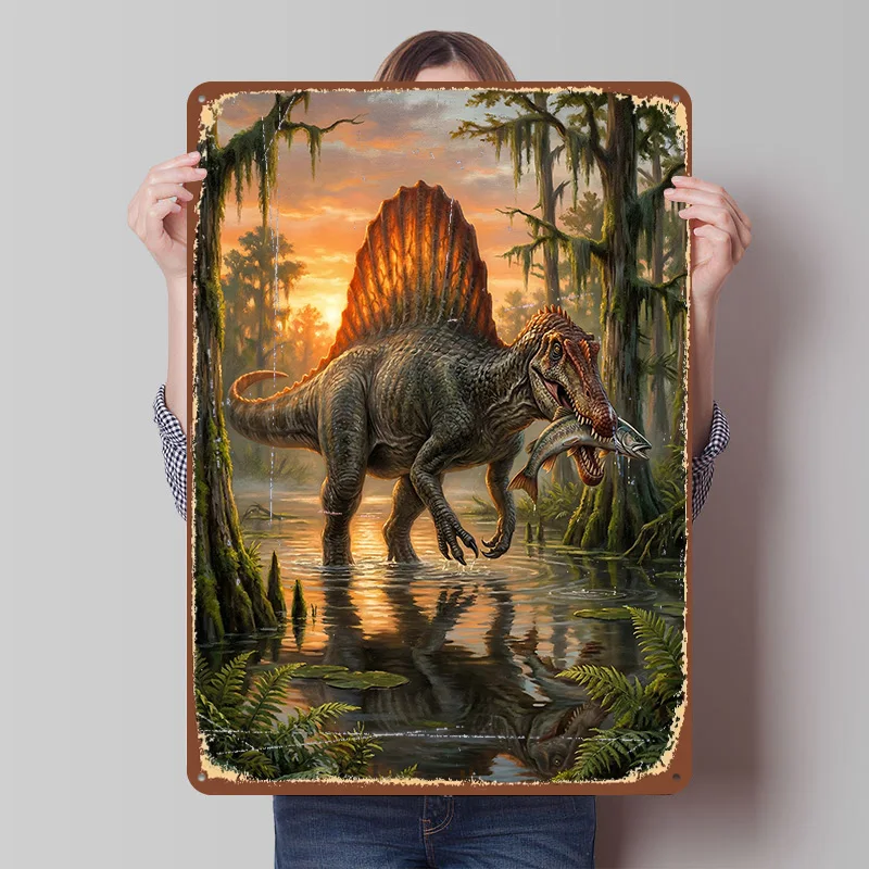 Spinosaurus in Swamp With Fish Printed Poster Customized Wall Art Retro Vintage Metal Tin Signs for Home Living Room Decorations