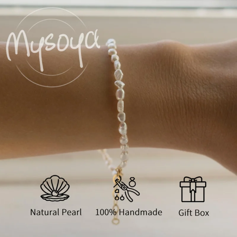 

MYSOYA 3-4mm Natural White Baroque Rice Shape Freshwater Pearl Bracelet For Women And Men With Gift Box Birthday Wedding Gift