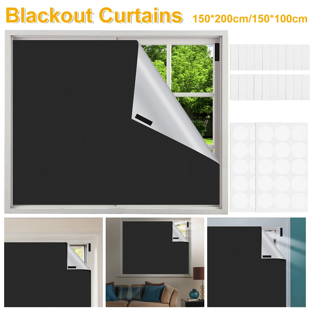 100 % Verdunkelungsvorhang, DIY, tragbar, für Reisen, blockierendes Licht, schwarzes Tuch, ohne Bohren, für Wohnzimmer, Schlafzimmer, Zuhause, schneidbar