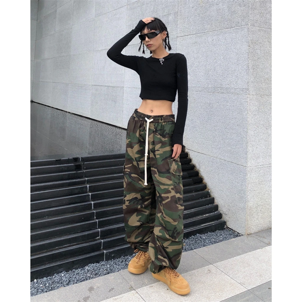 Multipocket Retro Camouflage Cargo Pants Hiphop Thin Pant Men Women Drawstring Casual High Waist Washed Pants Straight Leg Pants