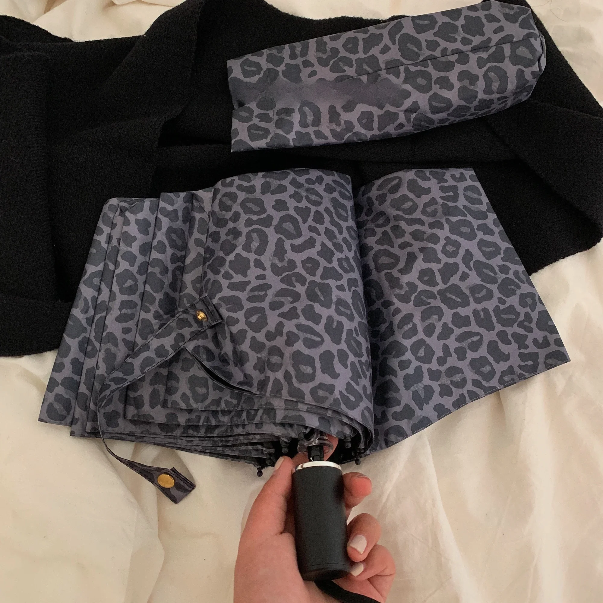 Automatic Umbrella Leopard Print Black Glue Sunshade Umbrella Stylish Rain Umbrella You Look Beautiful Today Sweet Cool Girl