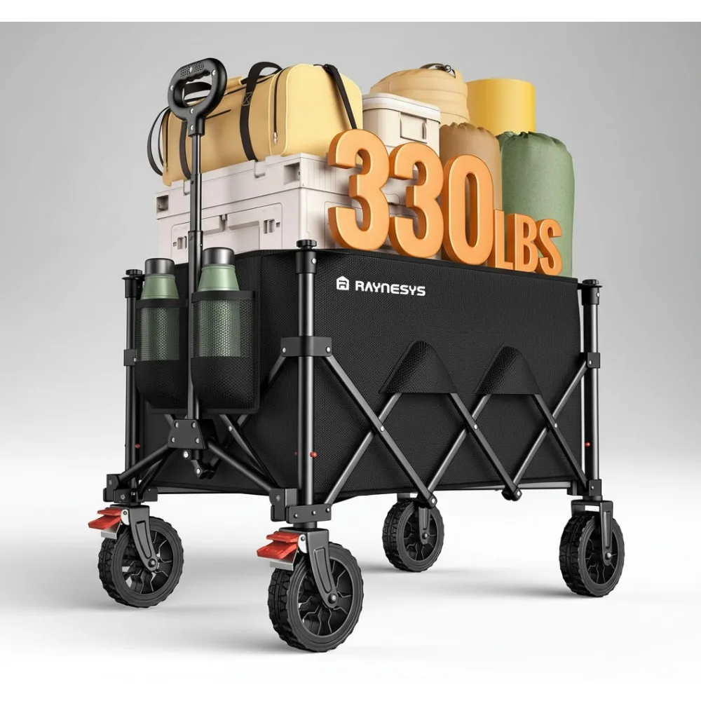 

Foldable Wagon Cart 330lbs Capacity, All-Terrain Wheels with Brakes for Camping Shopping Sports
