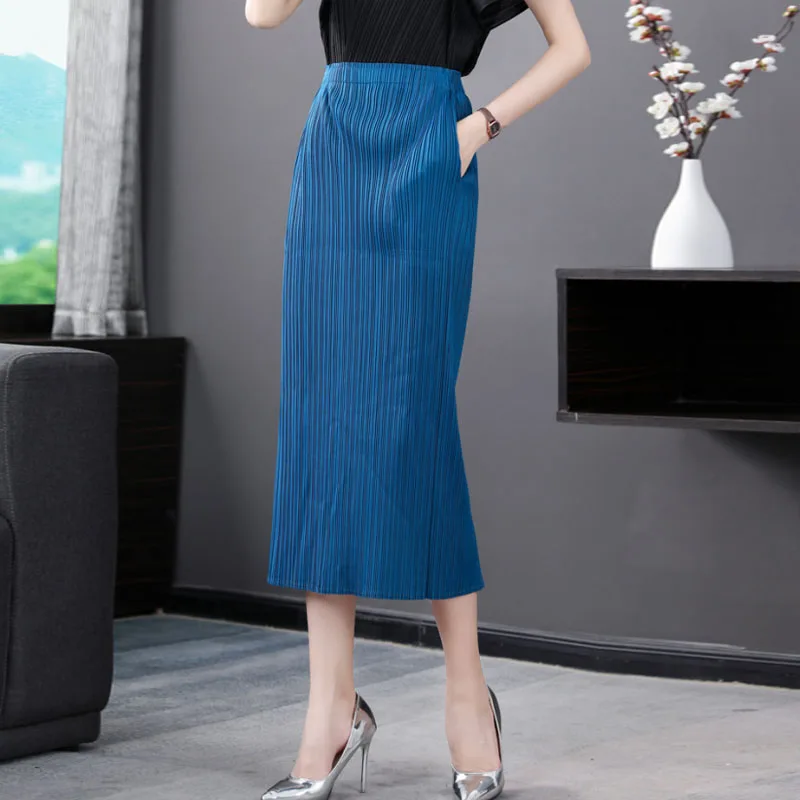 

High-End Pleated Skirt Pleated Wrap Straight Cut Pure Color Spring Summer Sweet And Sal One Step Skirt