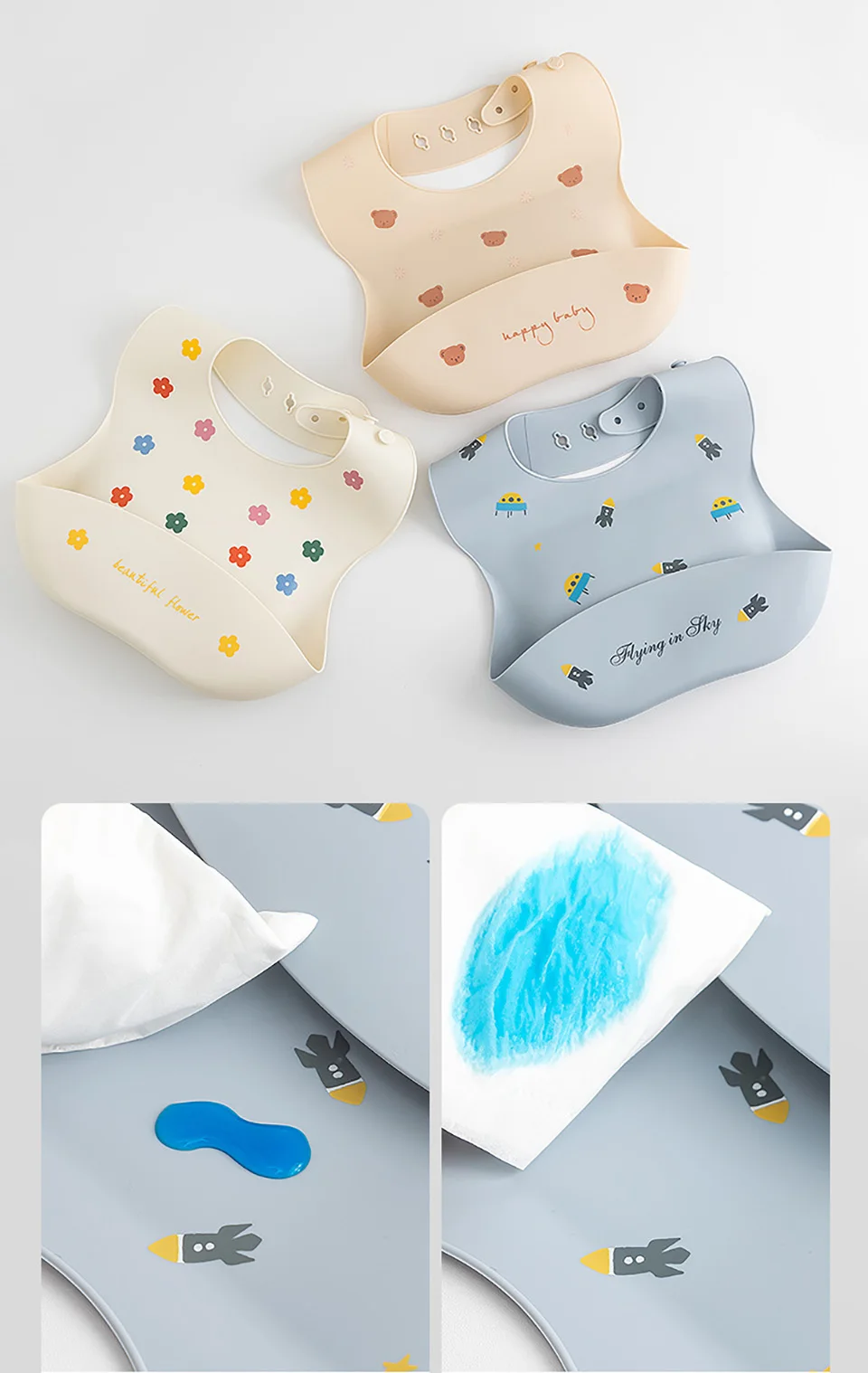 Wasserdichte Lätzchen für Kinder zum Füttern von Babys, Essen, weiches Silikon, Babeast-Cartoon-Druck, verstellbare Baby-Probier-Lätzchen – Detail 2