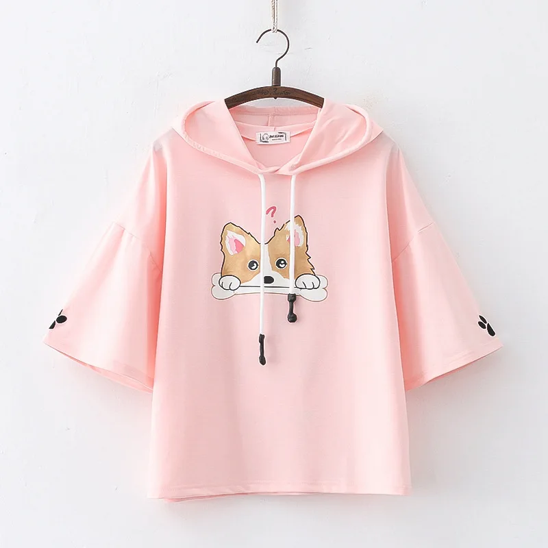 2024 Summer New Cute Tshirt Women Cartoon Corgi Print Hooded T-shirt Harajuku Aesthetic Tee Top Teenager Girls Kawaii Clothes