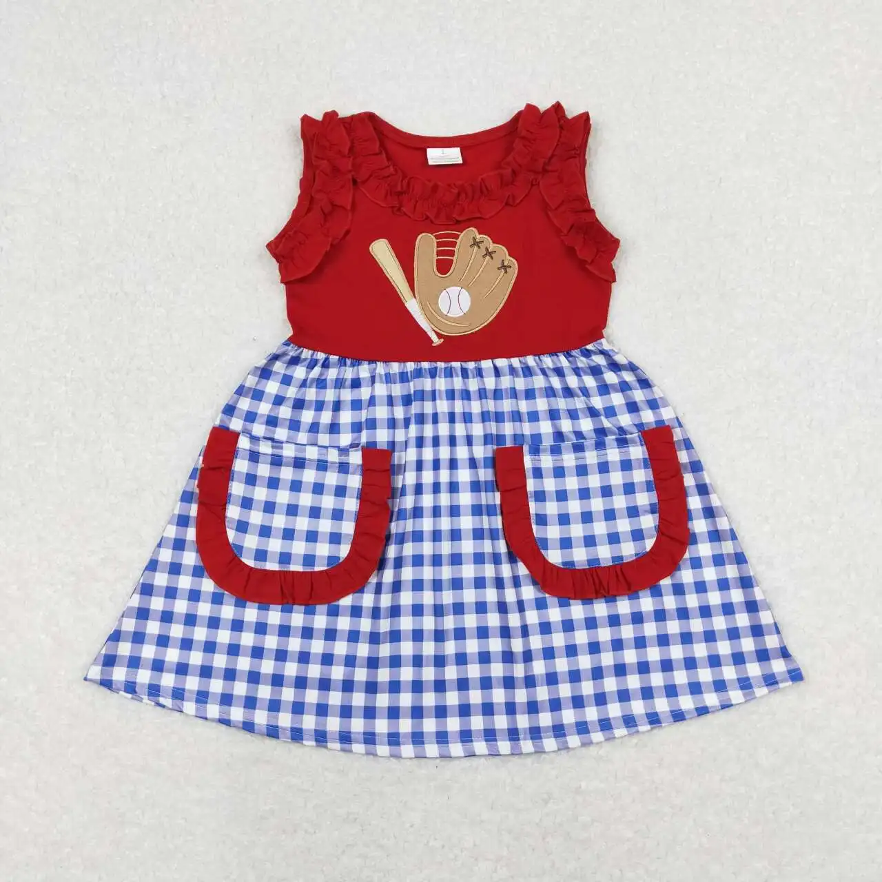 wholesale western boutique clothing baby girls clothes Embroidered baseball glove Blue and white plaid red sleeveless dress