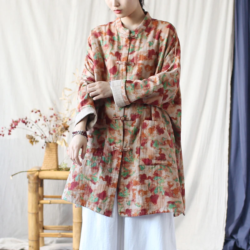Chinesischen Stil Frauen Casual Lange Jacken Neue Ankunft 2025, Frühling Vintage Stil Blumen Druck Lose Weibliche Baumwolle Jacken M1103