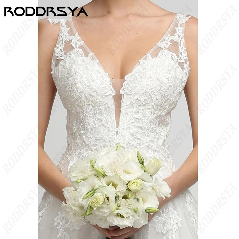 RODDRSYA-vestido De novia romántico con tirantes finos, traje sencillo con cuello en V, sin mangas, tul De ensueño, espalda descubierta vestido De novia romántico con tirantes finos, traje sencillo con cuello en V, sin