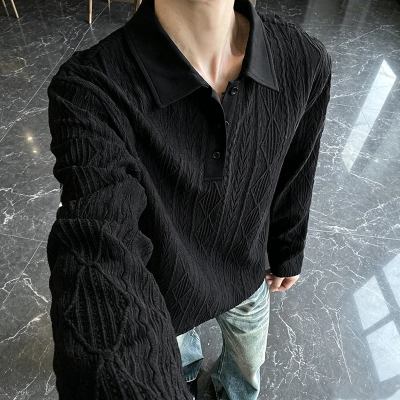 Mens Lapel Long Sleeve Polo Shirt Cable Diamond Jacquard Knit Slim Fit Soft Breathable Fabric Casual Daily Top