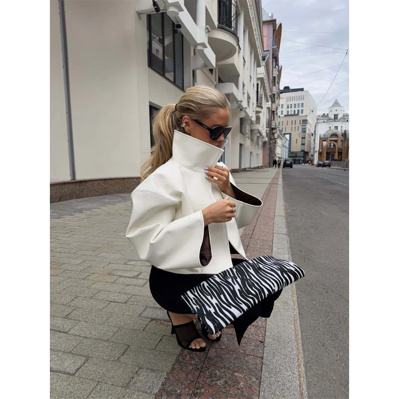 Beige Croc Leather Cropped Jacket Y2k Stand Collar Long Sleeve Wide Cuff Oversize Coat 2026 Autumn Street Daily Casual Outerwear