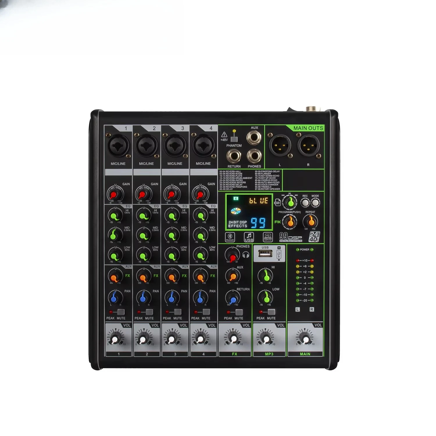 

2025 hot sale GAX-RX4 Professional Mixing Console 99DSP Mini Audio Mixer 4 Channel USB Audio Mixer Echo Delay Effect for Recordi