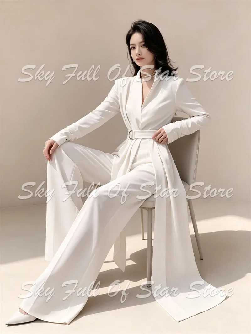 White Women Suit Set 2 Pcs Belted Draped Jumpsuit Long Sleeve Wide Leg Trousers Elegant Custom Formal Wedding Party Women Outfit