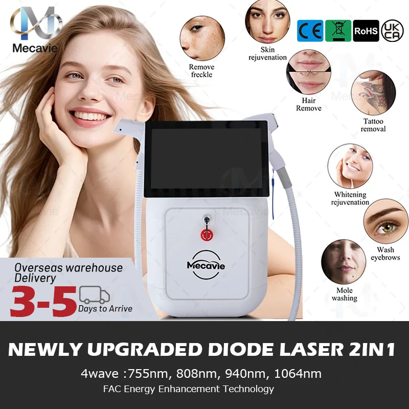 

НОВИНКА: Аппарат для безболезненного удаления волос и ухода за кожей 2-в-1 с диодным лазером 4000 Вт (755, 808, 940, 1064 нм) и пикосекундным лазером ND:YAG