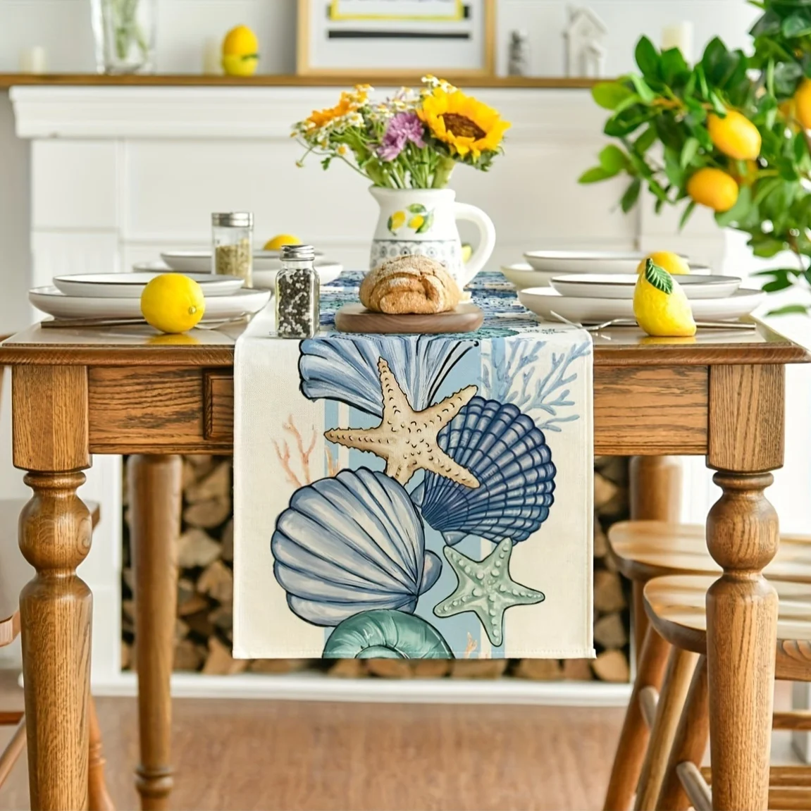 1 Piece of Table Runner with Conch and Starfish Pattern, Suitable for Farmhouse, Indoor, Kitchen, Celebrations, Table Decoration, Restaurant and Banquet Decoration Supplies