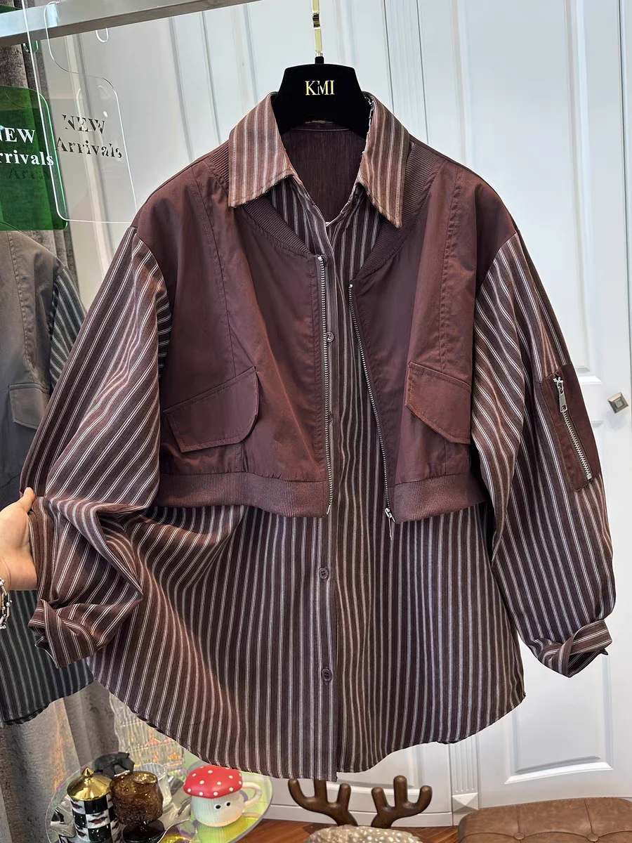 Large Size Red Vest Patchwork Striped Shirt for Men Women Fake Two Pieces Loose Autumn Collection Vintage Elegant Shirt Coat