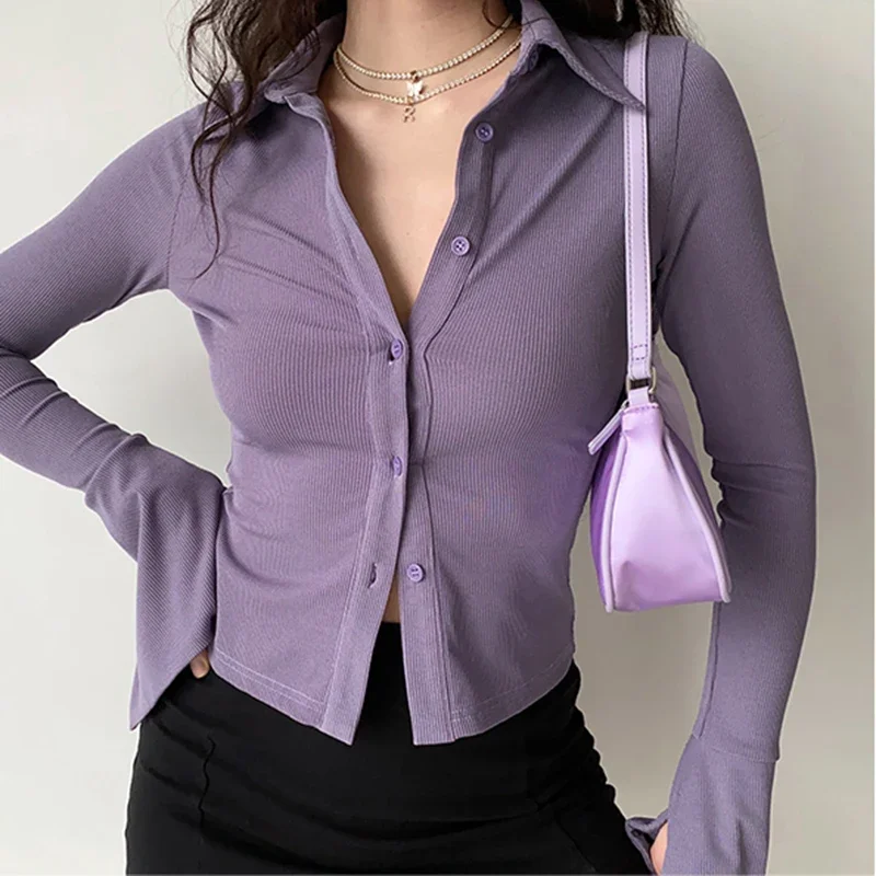 

Blouses polo Multicolor Versatile Polo Collar Flare Sleeve Solid shirt Five-color women's slim long-sleeve Casual Streetwear top